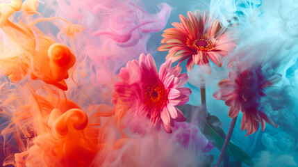 Bright flowers - African daisies - in colorful smoke. The bouquet is surrounded by smoke, which gives it a surreal and dreamy look. The concept of a postcard for March 8th