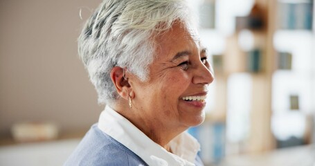 Hospital, happy and senior woman with hearing aid in consultation, medical service and treatment....