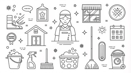 Minimalist Line Art Icons of House Cleaning & Domestic Chores with Cute Hygiene Symbols V4