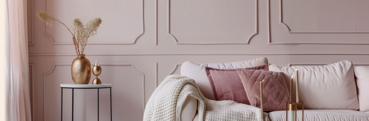 Beige sofa with pillows and blanket. a vase of dried flowers on a golden table. and two blank white frames on golden stands. against a pink wall