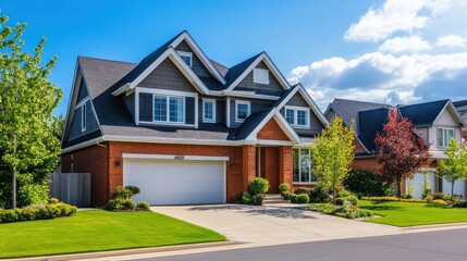 A beautiful two-story brick home with a white garage door, a lush green lawn and a paved driveway.