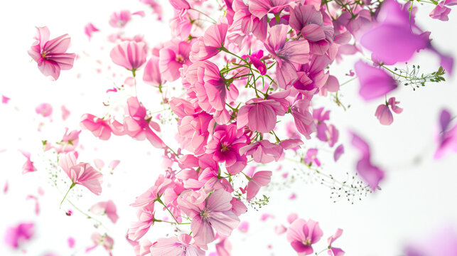 A postcard for March 8th. Elegant and graceful pink flowers of mattiola mix in the air on a white background. Close-up of cute little pink flowers