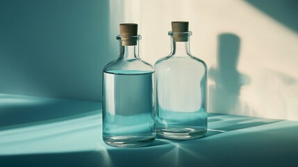 Two bottles of water are on a table
