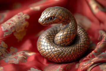 Fototapeta premium Close-up of a ceramic snake figurine on traditional red cloth, symbolizing protection and prosperity with intricate craftsmanship.