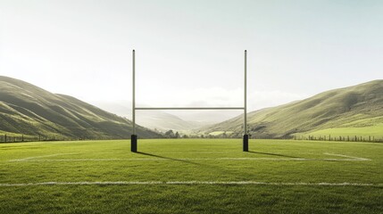 Obraz premium A deserted outdoor rugby field with clearly marked lines and goalposts, surrounded by rolling green hills and a bright, clear sky