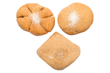 Three different homemade cookies isolated on a white background. Sweet homemade cookies of different shapes.