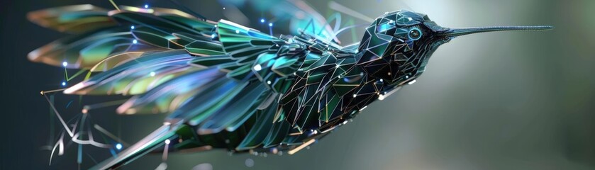 Capture a metallic hummingbirds intricate wingspan in CG 3D for an aerial view unlike any other Create a surrealistic realm where robotics meet nature in a breathtaking fusion of t
