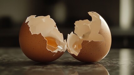 macro shot of cracked eggshells on a dark countertop