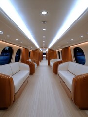 Fototapeta premium Luxurious private jet interior design modern aviation high-end lounge sleek environment wide angle view sophisticated travel concept