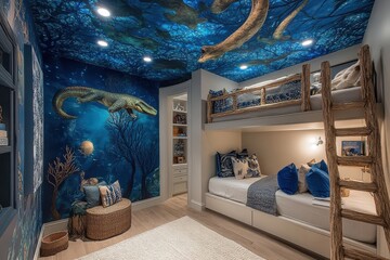 A room with a blue ceiling and a large crocodile mural on the wall