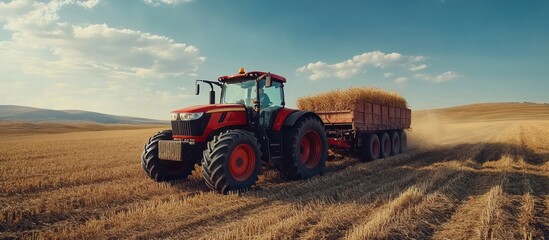 Obraz premium A red tractor pulls a trailer filled with hay through a field of golden stubble.