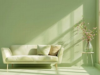 A white sofa with pillows sits in a room with a green wall and a vase of flowers, illuminated by a beam of sunlight