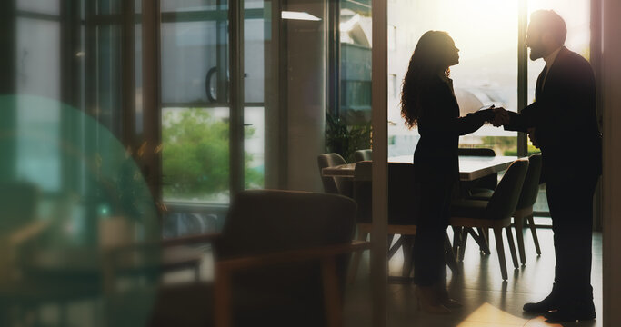 People, meeting and handshake for welcome in office with partnership, introduction and interview success. Silhouette, staff and agreement with promotion offer, onboarding greeting and b2b opportunity