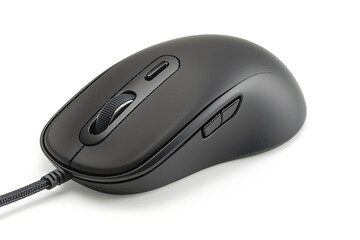 Sleek, modern computer mouse with ergonomic contours and customizable buttons, isolated on a white background.