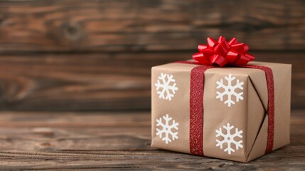 Fototapeta premium Gift box wrapped in brown paper with red ribbon and snowflake design on a wooden background.