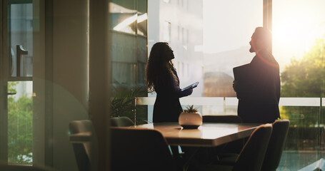 Business, people and meeting with tablet in office for discussion, corporate law and legal advice....