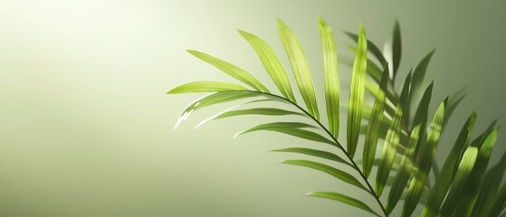 A close-up of a green palm leaf against a soft background.