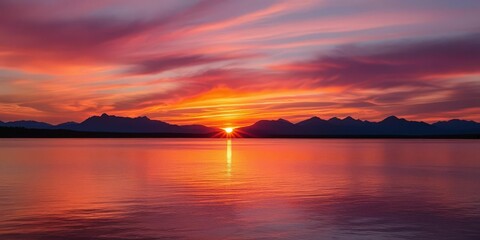 Naklejka premium Stunning sunset over mountain range tranquil lake landscape photography nature's beauty wide angle view serenity and reflection