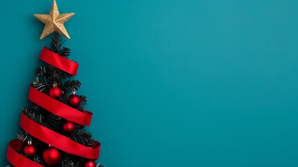 Minimalist Christmas tree made of red ribbon and ornaments on a teal background with copy space.