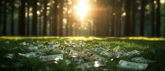 A pile of money scattered on lush green grass in a serene forest setting.