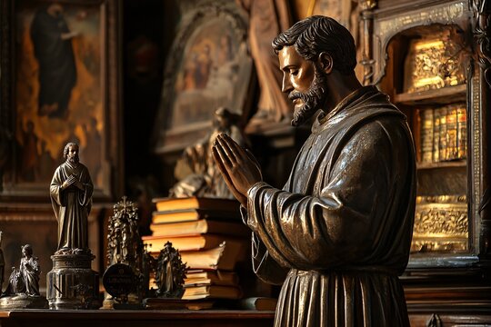 Saint Francis Xavier prays amid ancient texts and sacred relics, reflecting his deep devotion and missionary zeal.