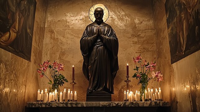 The statue of Saint Maximilian Kolbe exudes grace, embodying sacrifice and faith amid a serene backdrop of candles and religious symbols.