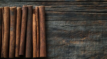Row of cinnamon sticks aside on a wooden surface close up, aromatic baking ingredient made from bark, popular flavoring spice for Christmas meal and desserts 