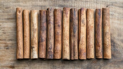 Row of cinnamon sticks aside on a wooden surface close up, aromatic baking ingredient made from bark, popular flavoring spice for Christmas meal and desserts 