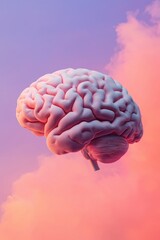 A surreal image of a floating brain against a dreamy, colorful background, evoking thoughts of creativity and imagination.