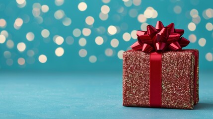 Obraz premium Red gift box with a bow on a blue background with bokeh.