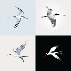 Obraz premium A sleek logo collection highlighting a graceful tern in flight with streamlined lines and a minimalist aesthetic on a white background.