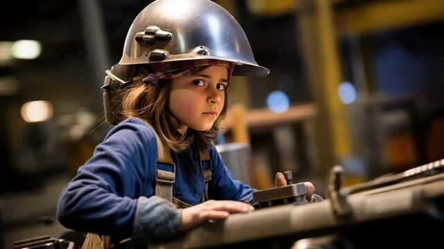 Young girl wearing a blue work shirt and a hardhat is operating a metal shaping machine in a factory setting. She is looking directly at us with a serious expression