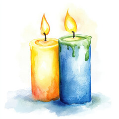 Brightly colored candles with flames, showcasing warm and inviting atmosphere. yellow and blue candles have wax drips, adding charming touch to serene scene