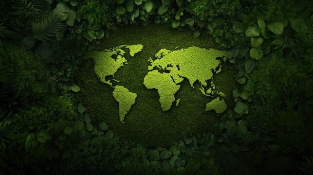 A lush green world map created from natural foliage.