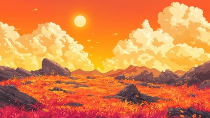 Pixel art sunset landscape with orange sky, white clouds, and red grass.