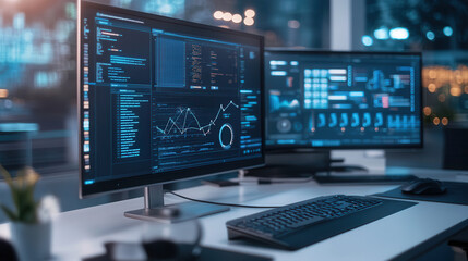 Naklejka premium High tech workspace with dual monitors displaying data analytics and graphs. modern office environment features sleek design, emphasizing productivity and technology