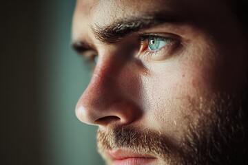 Obraz premium Close-up portrait of a thoughtful young man gazing into the distance.