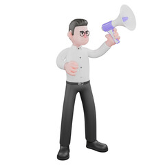 Fototapeta premium Filmmaker 3D Cartoon. A male producer is standing with his left hand raised up while holding a loudspeaker with his right hand raised slightly. Producer Illustration