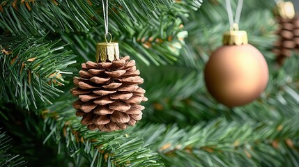 Fototapeta premium Celebrate a sustainable Christmas with upcycled decorations. DIY upcycled Christmas ornaments from pinecones and twigs, hanging on a natural tree, cozy and sustainable vibe