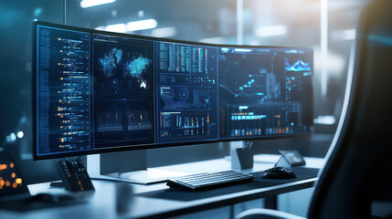 Naklejka premium modern workspace featuring multiple high resolution monitors displaying data analytics and global maps, creating tech savvy atmosphere