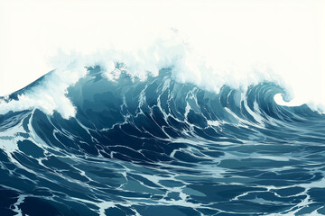 An illustration of a dynamic high-tide, dark blue ocean wave breaking against a pure white backdrop. For sea, ocean, and tsunami-themed contents.