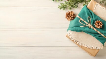 Celebrate a sustainable Christmas with upcycled decorations. Ecofriendly gift wrapping using repurposed cloth and twine, rustic holiday setup, sustainable Christmas gift exchange