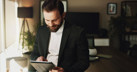 Litigation, reading and tablet with lawyer man in office for court case preparation or information....