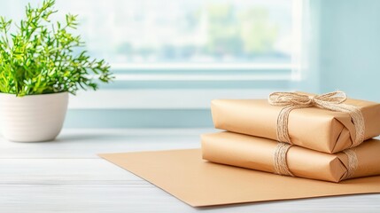 Celebrate a sustainable Christmas with upcycled decorations. Gift wrapping station with brown paper, recycled ribbons, and natural twine, ecofriendly holiday preparation