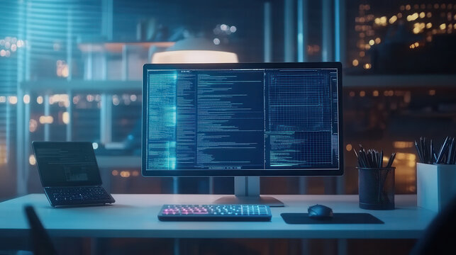 modern workspace featuring large monitor displaying code, laptop, and colorful keyboard. ambient lighting creates tech savvy atmosphere, perfect for programming