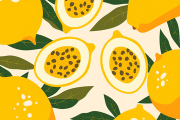 Yellow fruits and green leaves pattern with passion fruit motifs