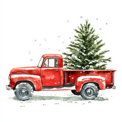 vintage red truck carrying Christmas tree in snowy landscape evokes festive spirit. Perfect for holiday themes and winter celebrations
