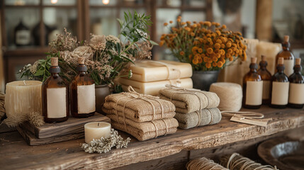 Handcrafted gift presentation with beautifully wrapped items, featuring unique decorations like handmade tags, natural twine, and dried flowers, set in a cozy environment with warm colors and soft tex