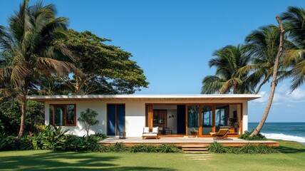 modern beach house in Brazil, showcasing white walls with wooden accents and a light wood shingled roof