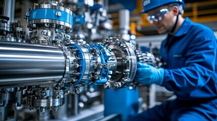 Fototapeta premium Industrial Worker Inspecting Complex Machinery in a Factory Setting